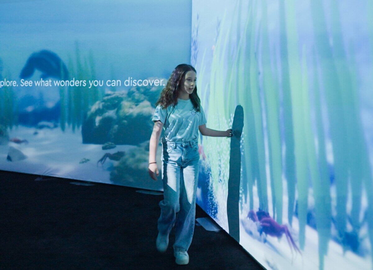 One Blue Voice child looking at 3D animated ocean as sonic soundscape design immersive experience