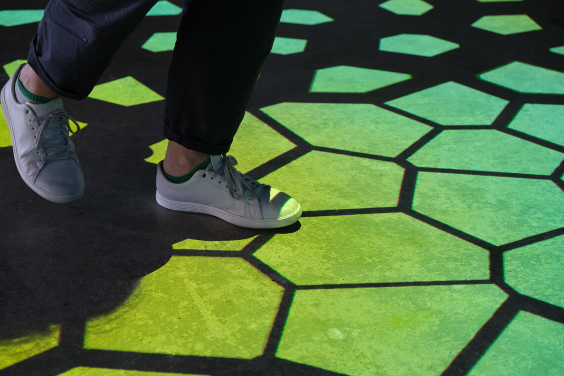 Celebrating biodiversity for Biomuseo Panama when entering museum final colorful gallery visitors interact with floor