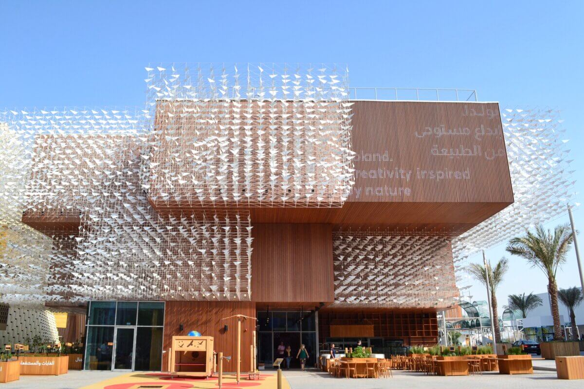 Polish Pavilion at World Expo 2020 outside the pavilion is open, wooden and has a modular structure