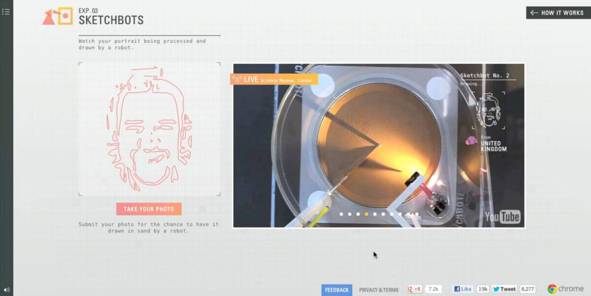 Chrome Web Lab: Making the Internet physical scketchbots sand drawing portrait of visitors exhibition