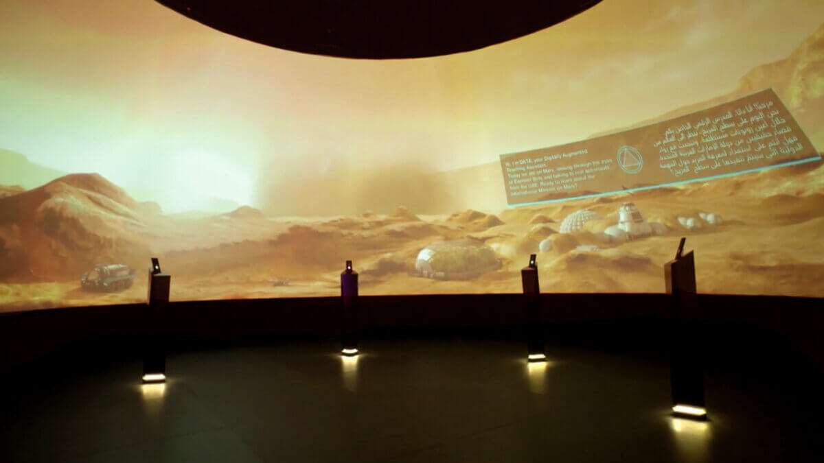Prototyping Museum of the Future UAE Luxury Lab immersive classroom with self-directed learning AI instructor exploring Mars settlement