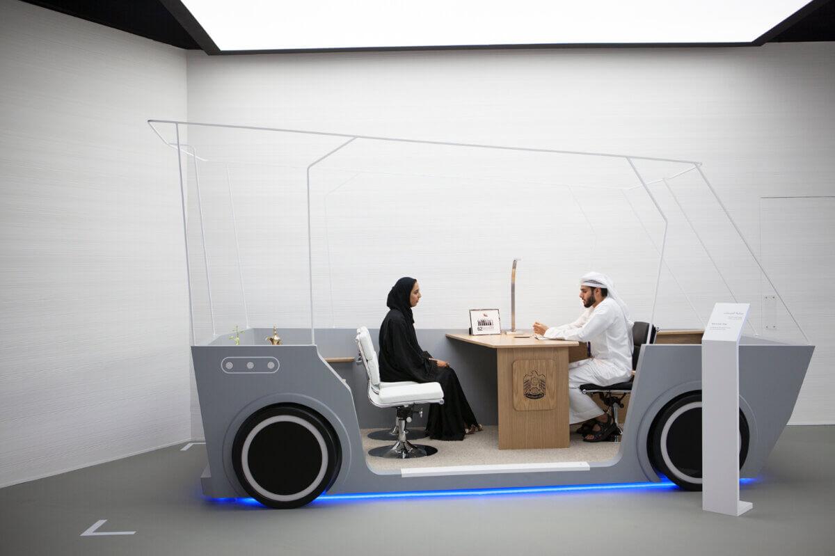 Prototyping Museum of the Future UAE Smart Mobility exhibit visitors try service cars that bring government services to your door