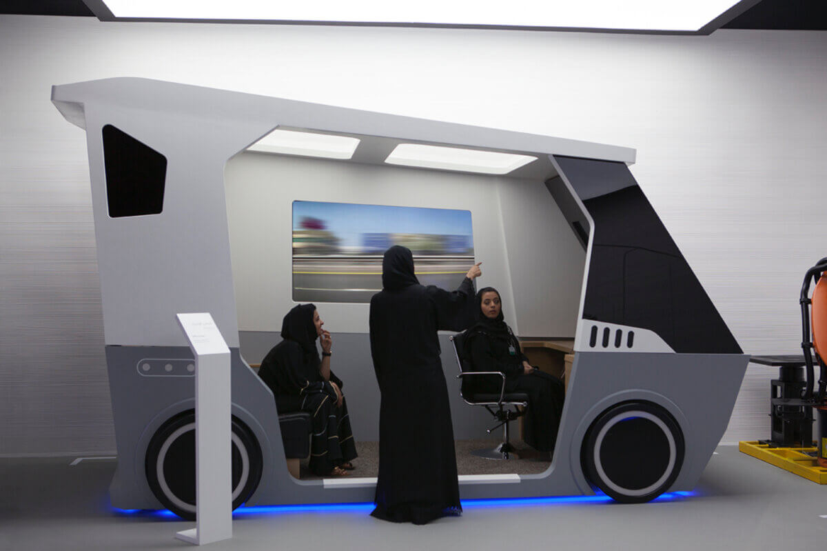 Prototyping Museum of the Future UAE Smart Mobility exhibit visitors try office car that maximizes comfort and productivity