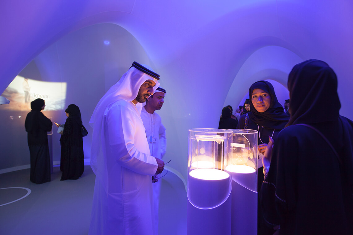 Our future life with intelligent machines Museum of the Future Dubai visitors view enhancements in Personal Augmentation Spa interactive AI virtual reality experience