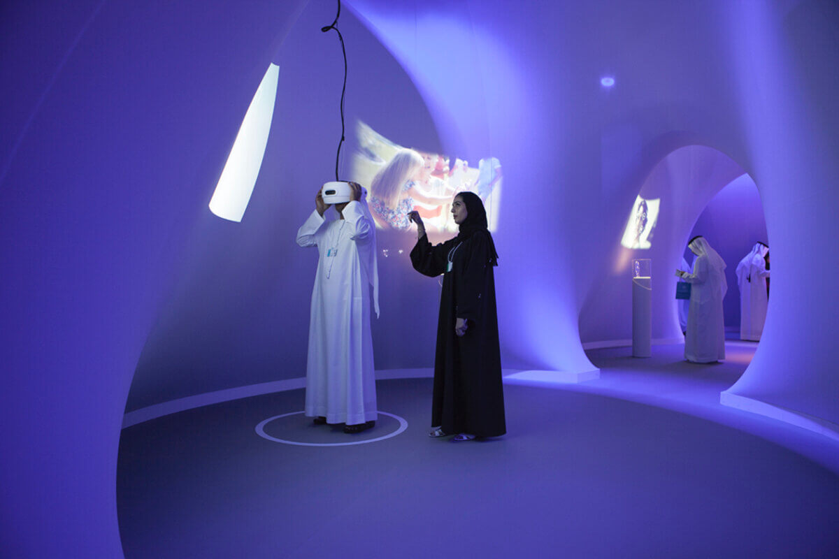 Our future life with intelligent machines Museum of the Future Dubai visitors view custom built virtual reality headsets