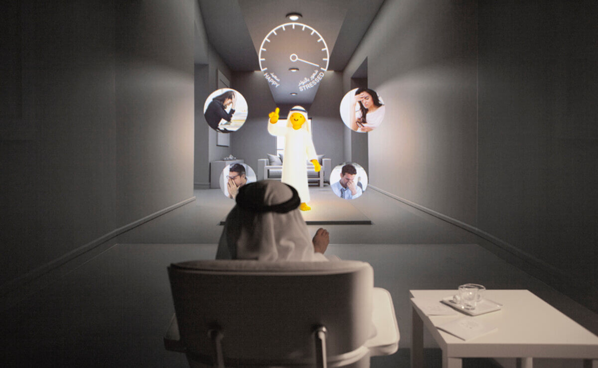 Our future life with intelligent machines Museum of the Future Dubai visitor using lounge chair in Care Room interactive AI virtual reality experience