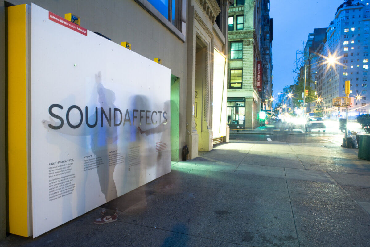 Overview of SoundAffects installation with urban backdrop public exhibition