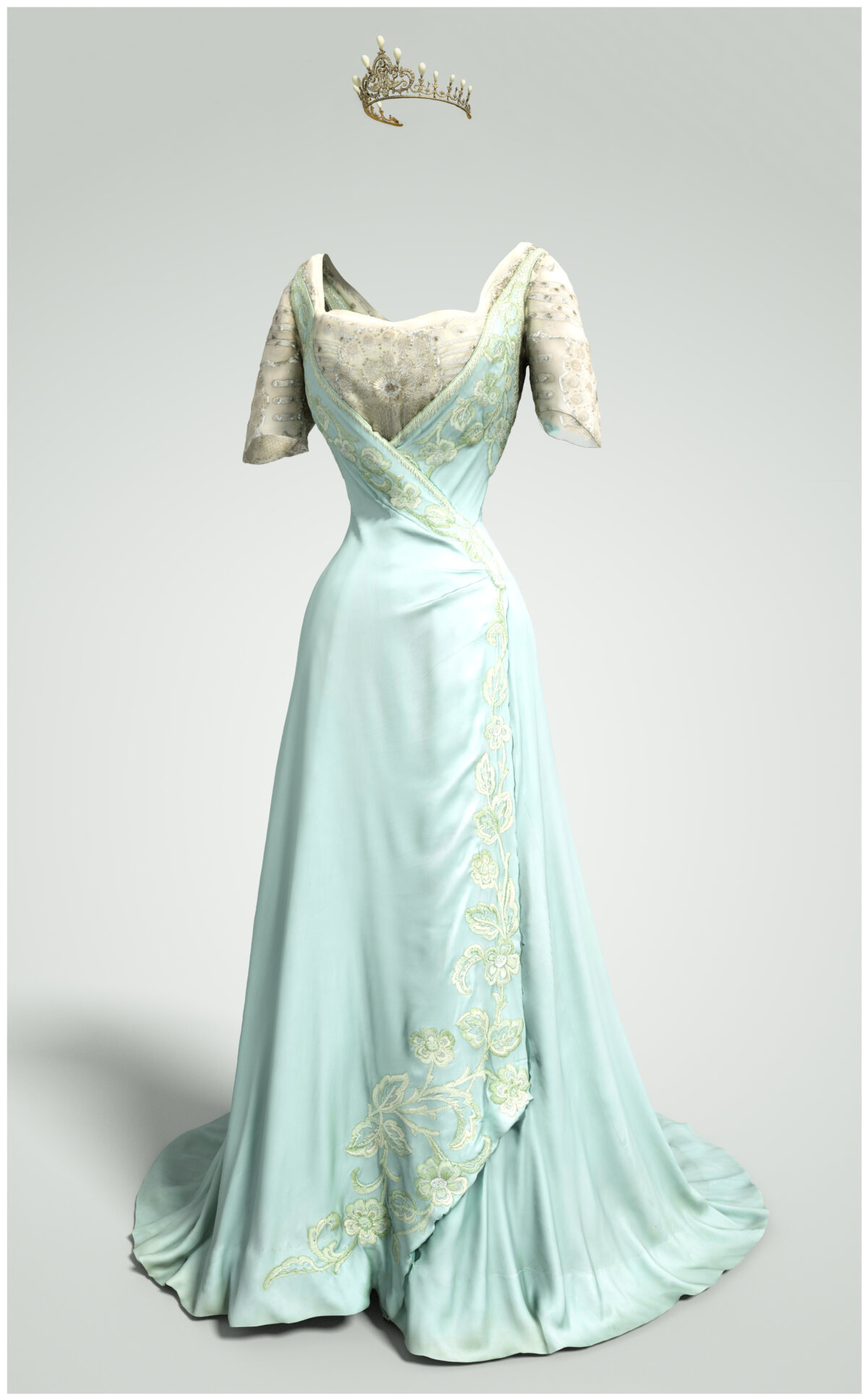 Digital 3D depiction of one of the Queen Maud's ball gowns generated by Tellart