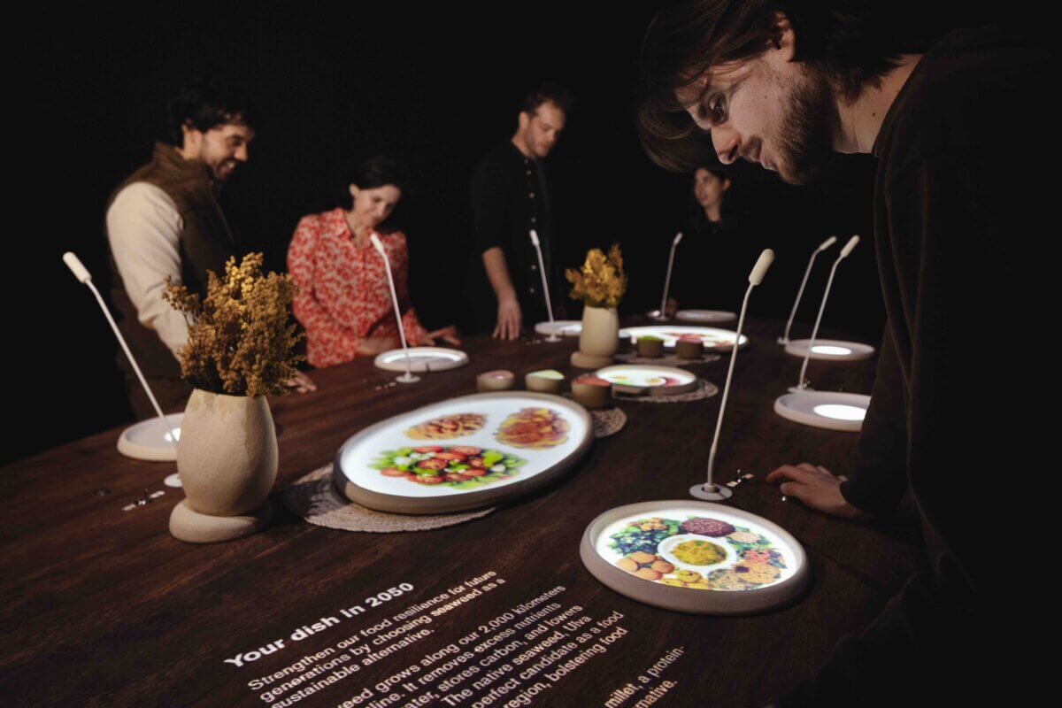 Dinner in 2050, COP28, Interactive installations, Experience design, Storytelling, Participatory experience, sustainable future, craftsmanship, AI